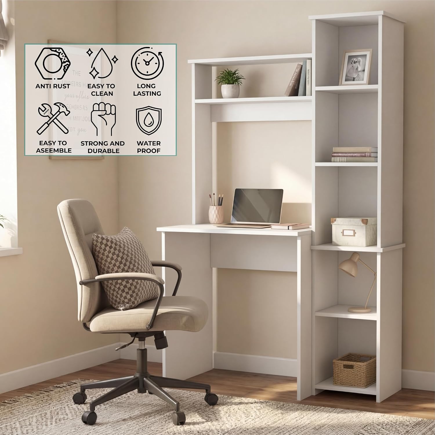 Tuhome Versalles Writing Desk with Two Superior Shelves, Five Side Open Storage Compartments, Space-Saving Modern Workstation Design for Studios and Offices, Ideal for Organization, Books