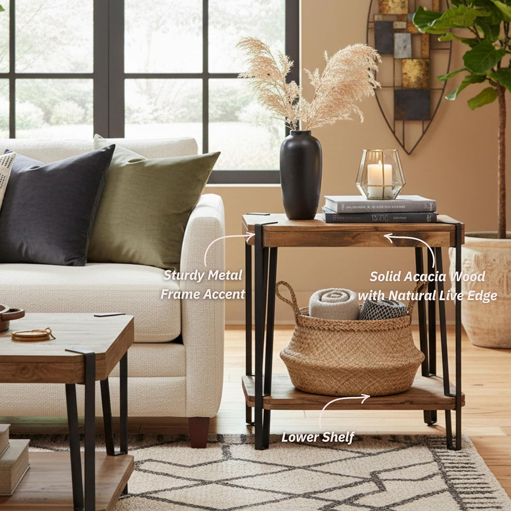 Ryegate Live Edge End Table with Storage – 2-Tier Solid Acacia Wood Side Table with Metal Frame and Lower Shelf – Industrial Accent Table for Living Room or Bedroom by Alaterre Furniture