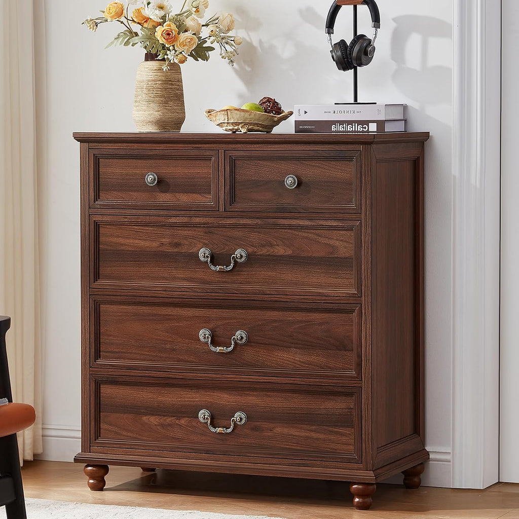 Joaxswe Farmhouse 5 Drawer Dresser Set of 2 for Bedroom, 35' Tall Rustic Chests of Drawers w/ 4 Solid Wood Feet, Mid Century Vintage Wooden Closet Storage Dressers Organizer for Living Room,Brown