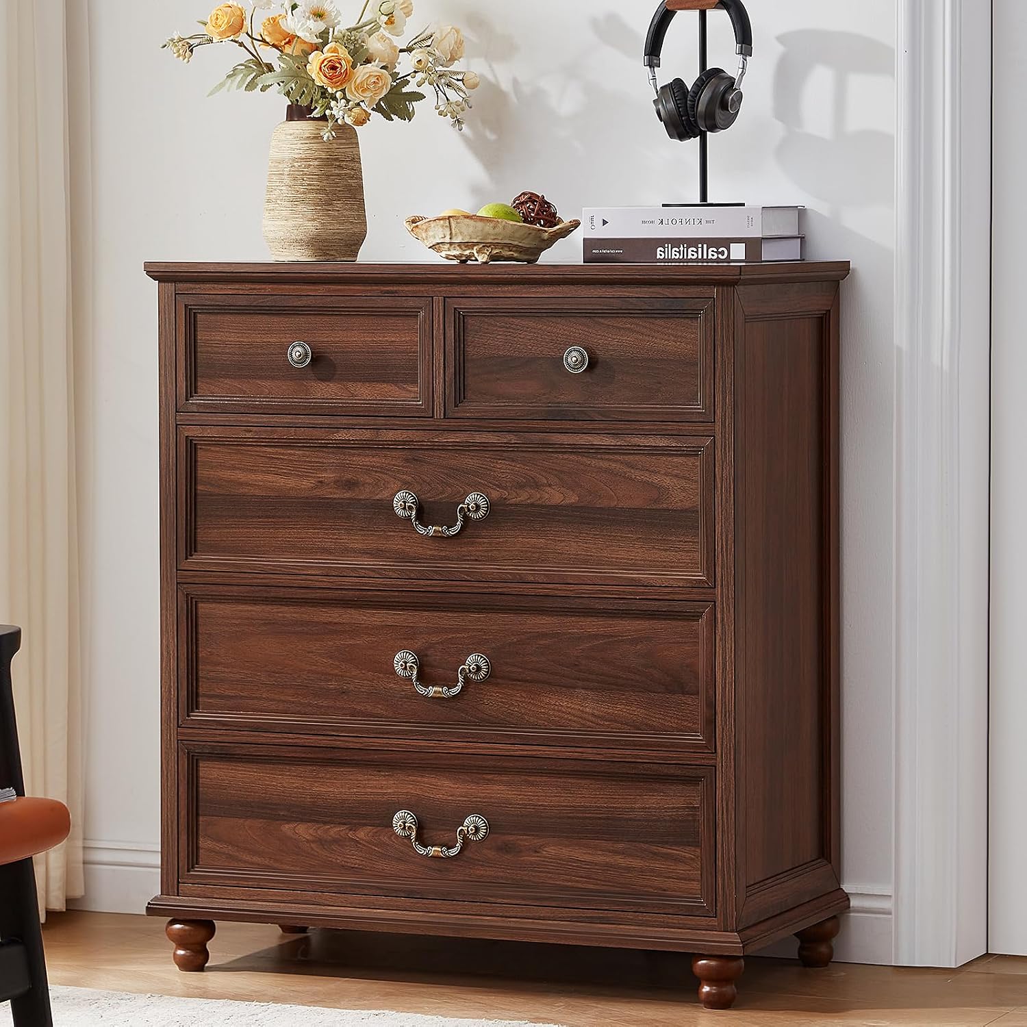 Joaxswe Farmhouse 5 Drawer Dresser Set of 2 for Bedroom, 35' Tall Rustic Chests of Drawers w/ 4 Solid Wood Feet, Mid Century Vintage Wooden Closet Storage Dressers Organizer for Living Room,Brown