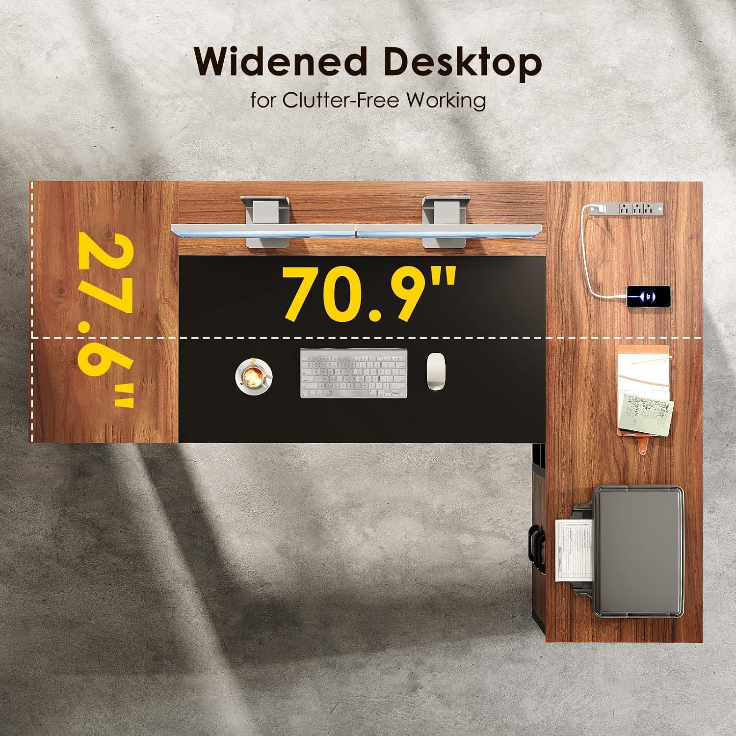AODK 71 Inch L Shaped Executive Desk with Drawers and File Cabinet, Large Office Desk with Storage Shelves, Corner Computer Desk for Home Office, Walnut + Black