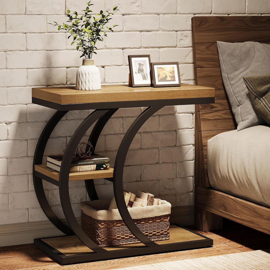Tribesigns End Table Set of 2, 3-Tier Narrow Wood Couch C-Shaped Side Table with Storage, Industrial Nightstand for Bedroom, Small Spaces, Natural