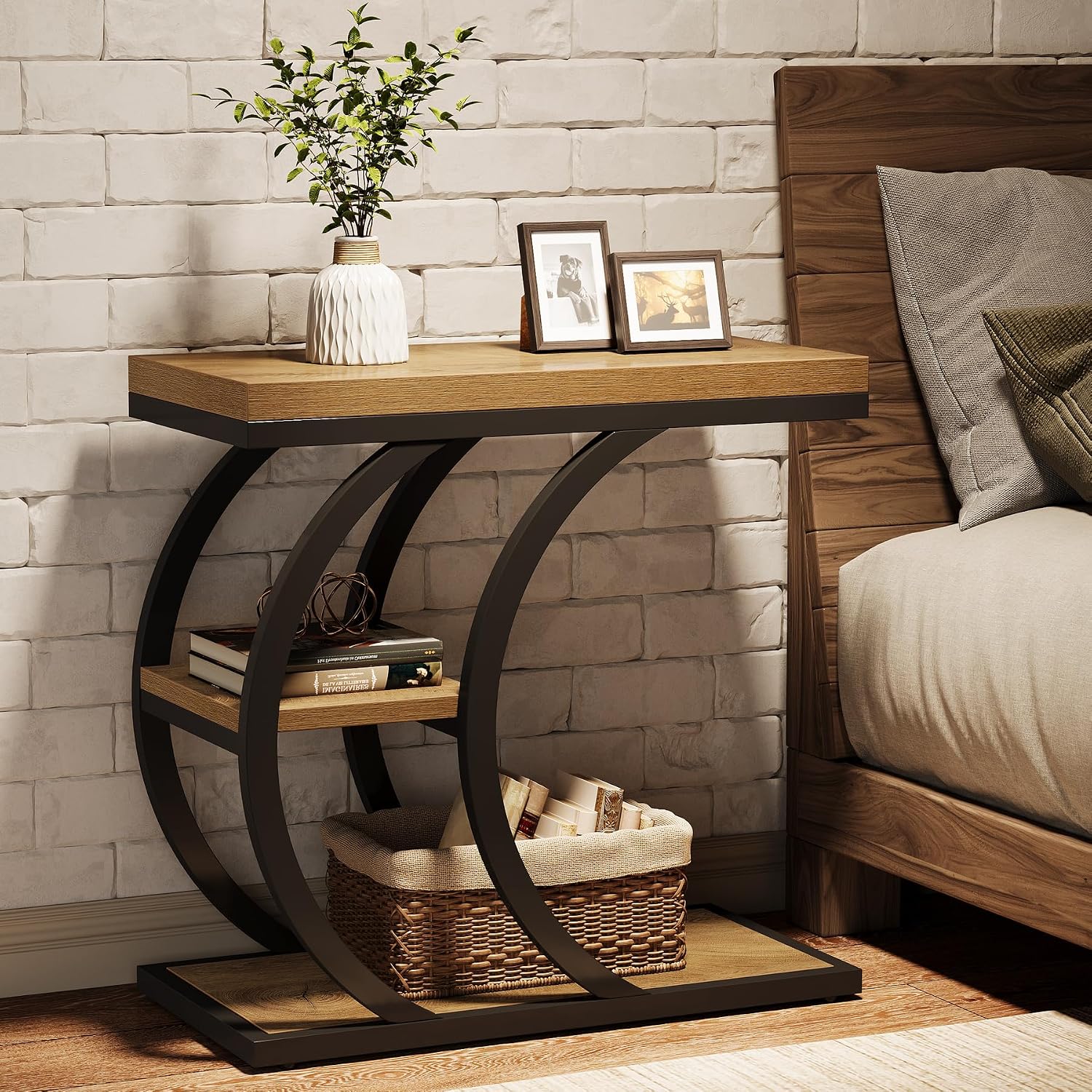 Tribesigns End Table Set of 2, 3-Tier Narrow Wood Couch C-Shaped Side Table with Storage, Industrial Nightstand for Bedroom, Small Spaces, Natural