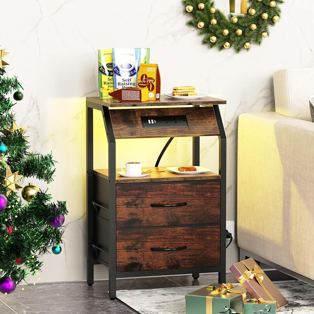 SZLHANJZ End Table with LED Lights, Nightstand with 2 Drawers and Type C Charging Station, Small Fabric Night Stand for Bedside, Storage Side Table for Living Room Dorm, Rustic Brown