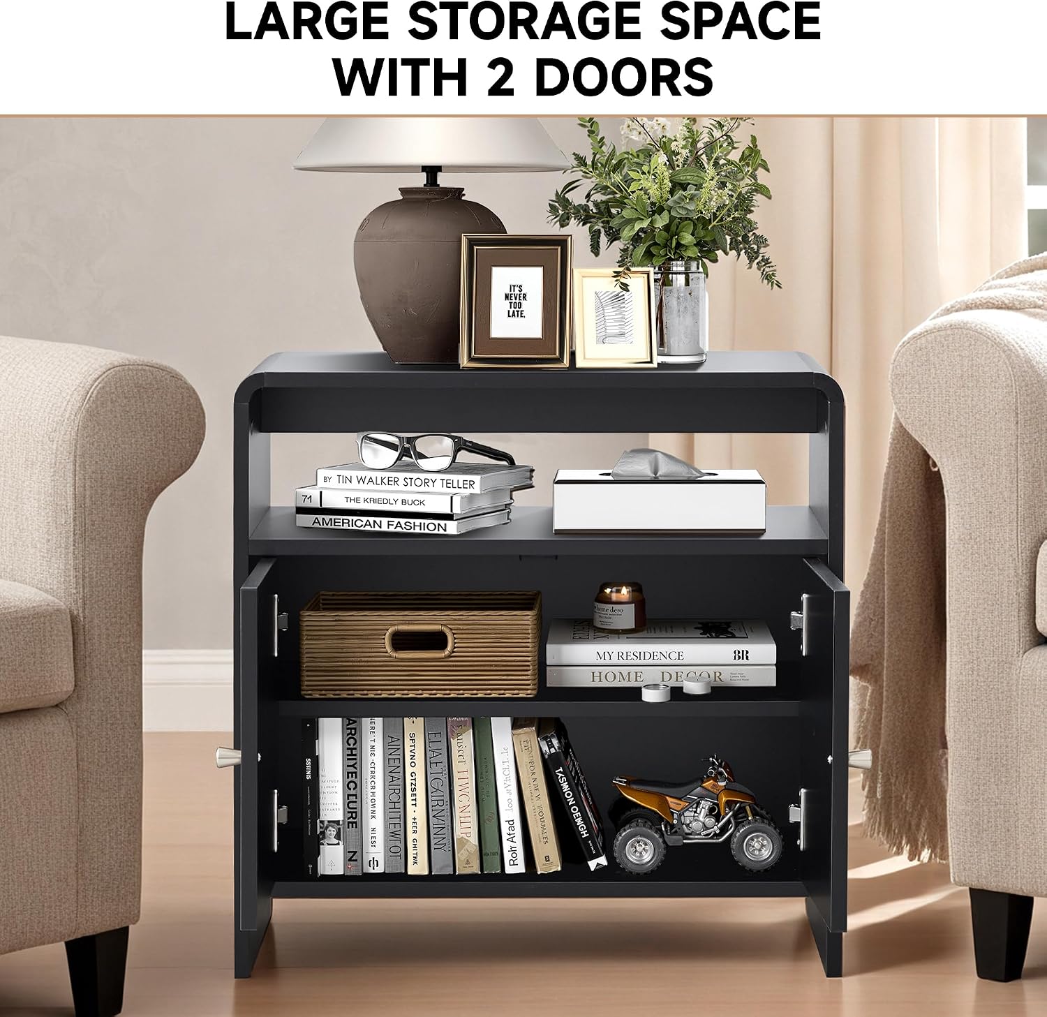 23.6' Modern Black Nightstand Set of 2 with Chariging Station 2AC+USB+Type-C, Classic Striped Side Table with Door+Storage Shelf, Rectangle End Table for Living Room, Bedroom (2, Black)