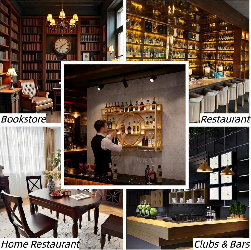 Wall Mounted Wine Rack with LED Light, 47.2' Bar Shelves and Glass Holder, Industrial Metal Bar Shelf Wall Mounted Wine Rack for Kitchen, Bar, Dining Room (Gold, 47.2in/120x80x15cm)