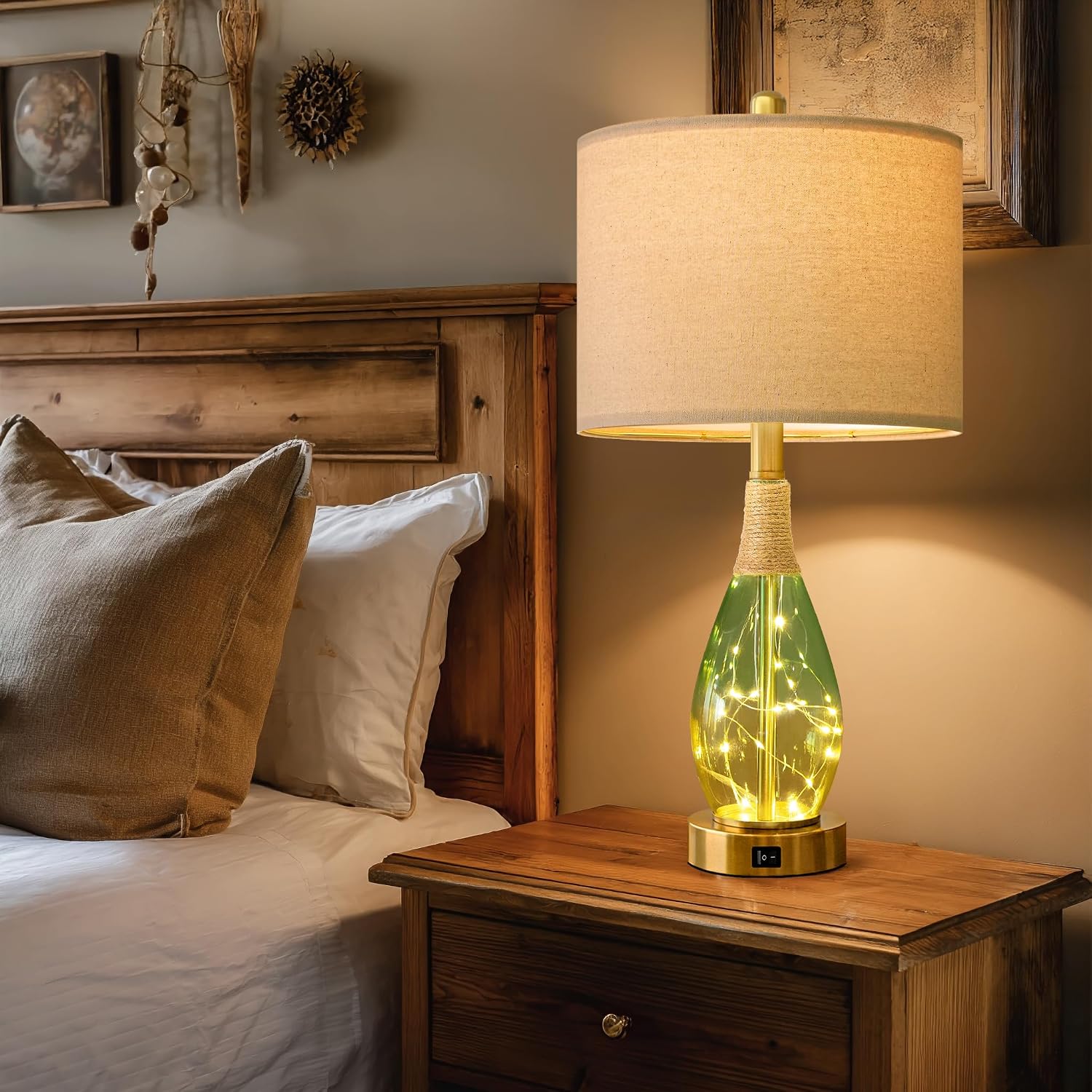 OYEARS 23' Table Lamps Set of 2,Farmhouse Lamps with Glass Nightlight, Bedside Lamps for Living Room, Rattan Lamps for Bedroom Nightstands, Two Light Points