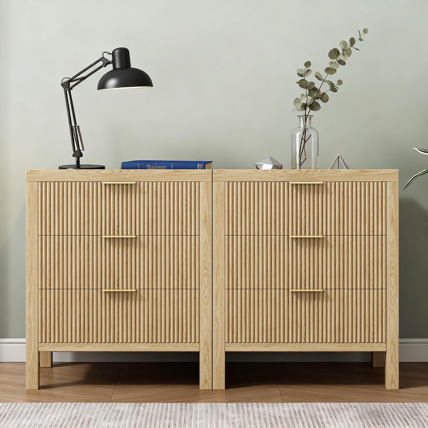 Nightstands Set of 2, Bedside End Table, Modern Wooden Night Stand with 6-Drawer - Boho Cabinet Accent Storage Furniture for Bedroom, Living Room, Nature