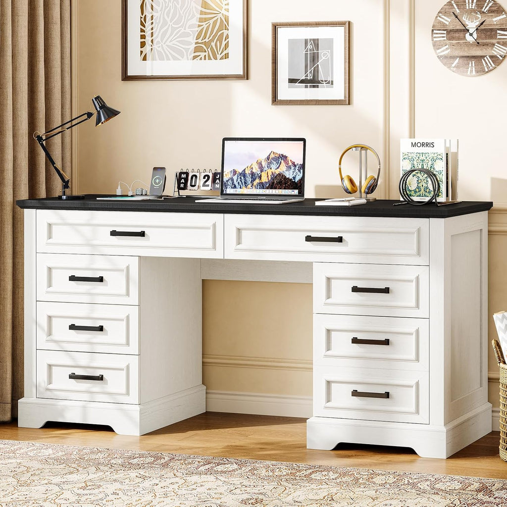 58' Executive Desk with 7 Drawers, Large Computer Desk with Charging Station , Wood Home Office Desk with File Drawer for Letter/A4 Size Hanging Files for Home Office,Rustic White and Rustic Black