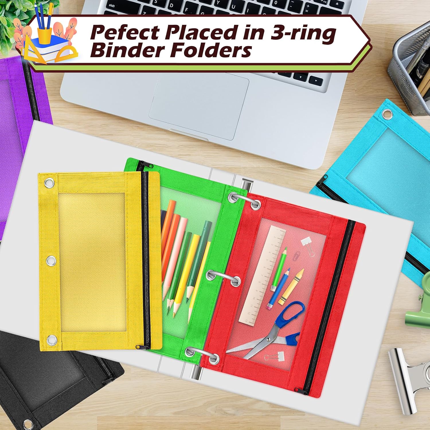 Pencil Pouch for 3 Ring Binder, 160 Piece Bulk 3 Holes Zipper Pencil Pouches in 10 Assorted Colors, Clear Durable Pencil Case for School, Classroom, Office Supplies