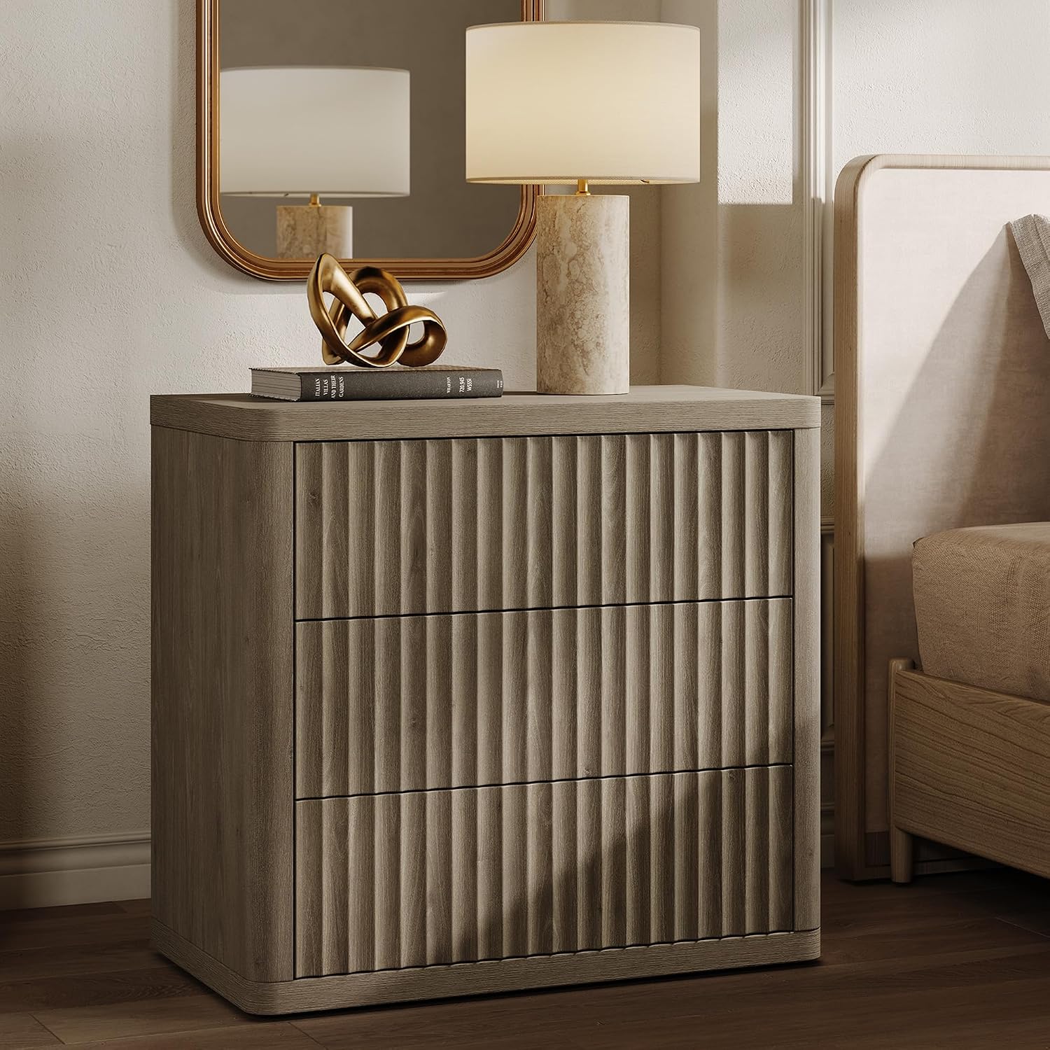 SICOTAS Night Stand Set 2 - Oversized Extra Large Bedside Table Modern Side Table with Storage Fluted 3 Drawer Nightstand 27.5' W End Tables Dorm Room Nightstands for Bedroom Sofa Couch Home Office