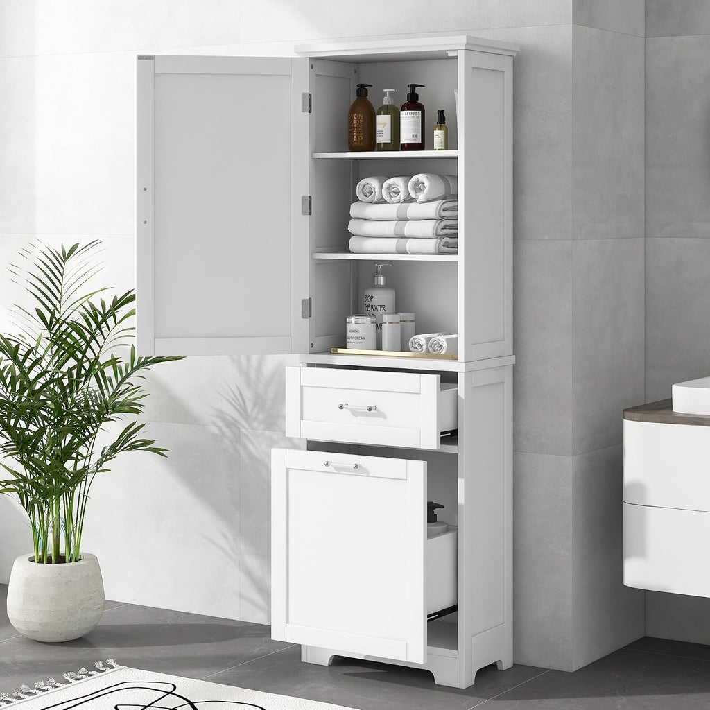 Bathroom Storage Cabinet with Adjustable Shelf, 68.4 in Tall | MDF, painted finish, adjustable shelf, enclosed storage, acrylic handles, anti-tip kit, bathroom, 20 W x 13.5 D x 68.4 H in