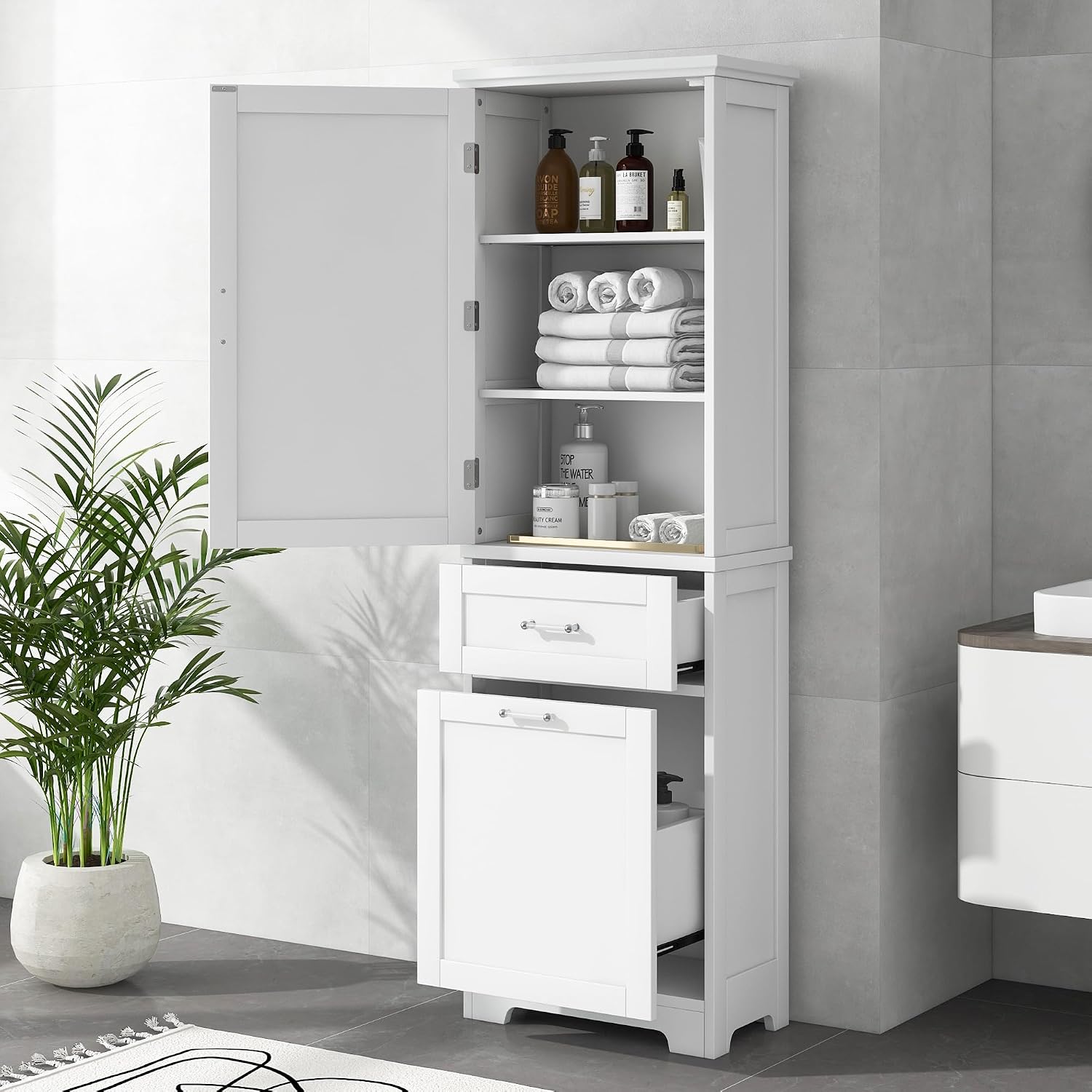 Bathroom Storage Cabinet with Adjustable Shelf, 68.4 in Tall | MDF, painted finish, adjustable shelf, enclosed storage, acrylic handles, anti-tip kit, bathroom, 20 W x 13.5 D x 68.4 H in