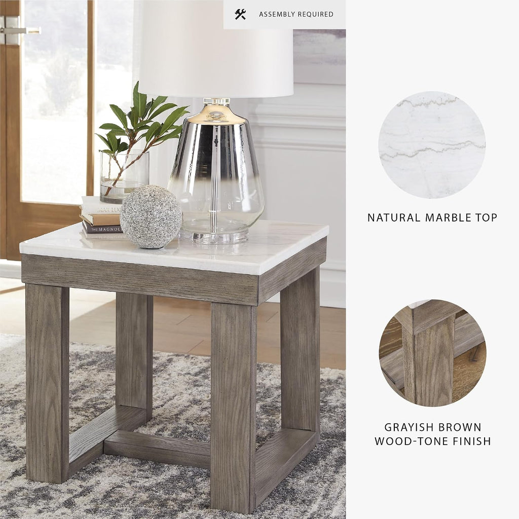 Signature Design by Ashley Loyaska Casual End Table with White Marble Top, Light Brown & White Marble