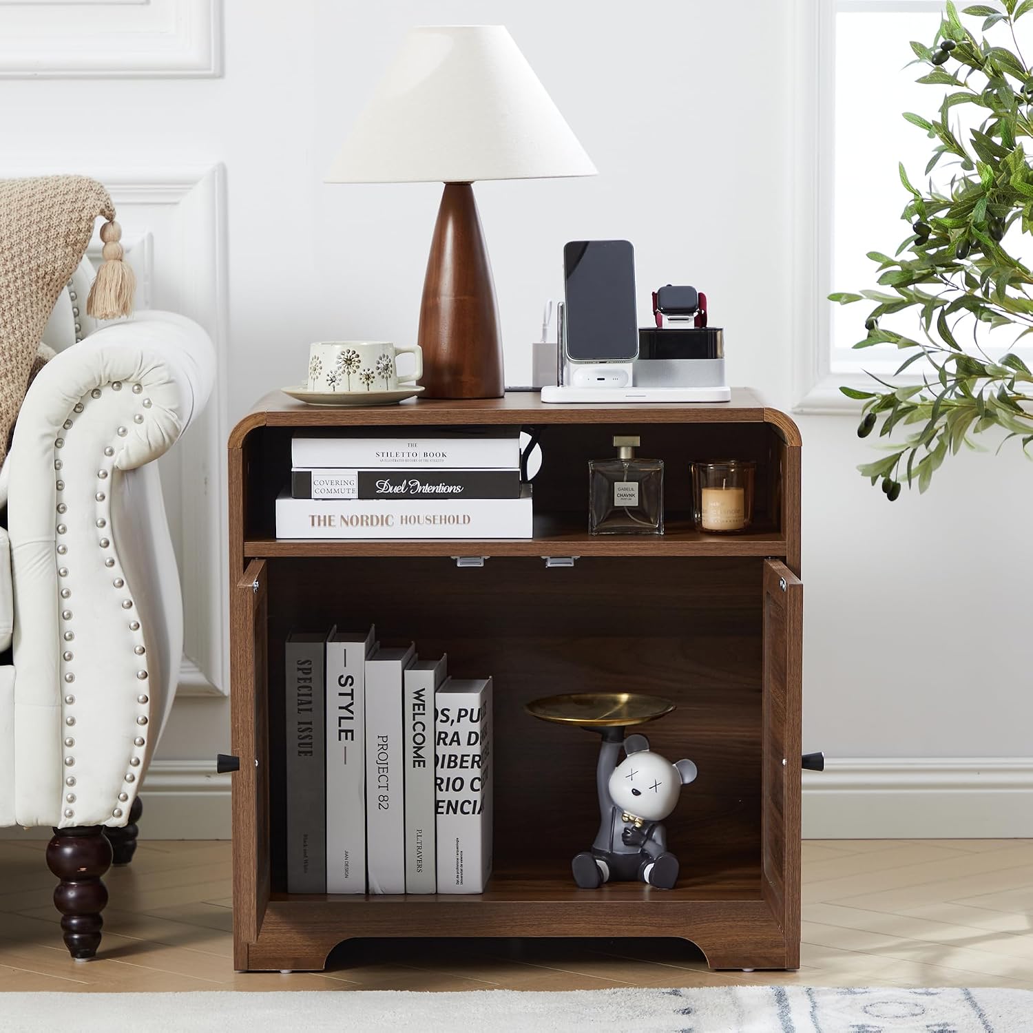 24' Nightstand Set of 2, Large End Table with Door & Charging Station AC + USB + Tpye-C, Mid-Century Farmhouse Linen Decor Night Stand Side Table for Living Room Sofa Couch Side, Bedroom Bedside