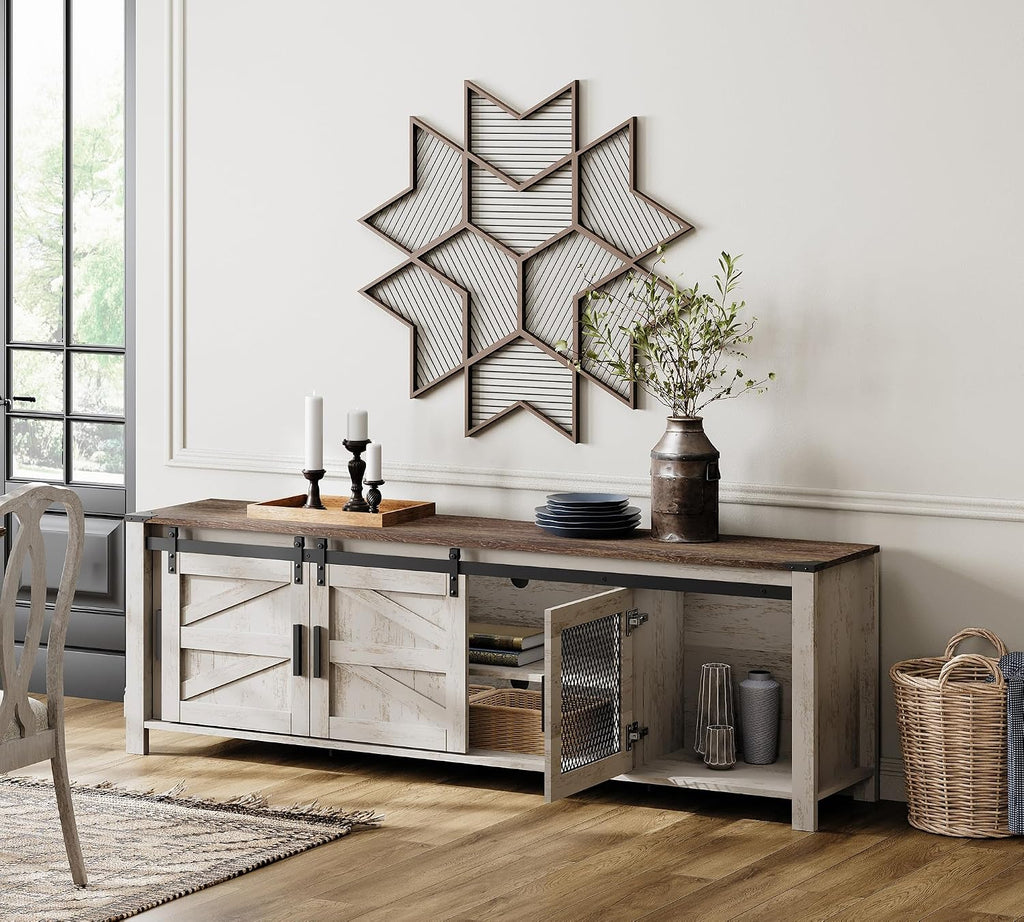 WAMPAT Farmhouse TV Stand for 100 Inch TV with Sliding Barn Door, Set of Two Modern Wood Entertainment Center with Storage Cabinets, Media Console Table for Living Room Bedroom，Rustic Oak and White