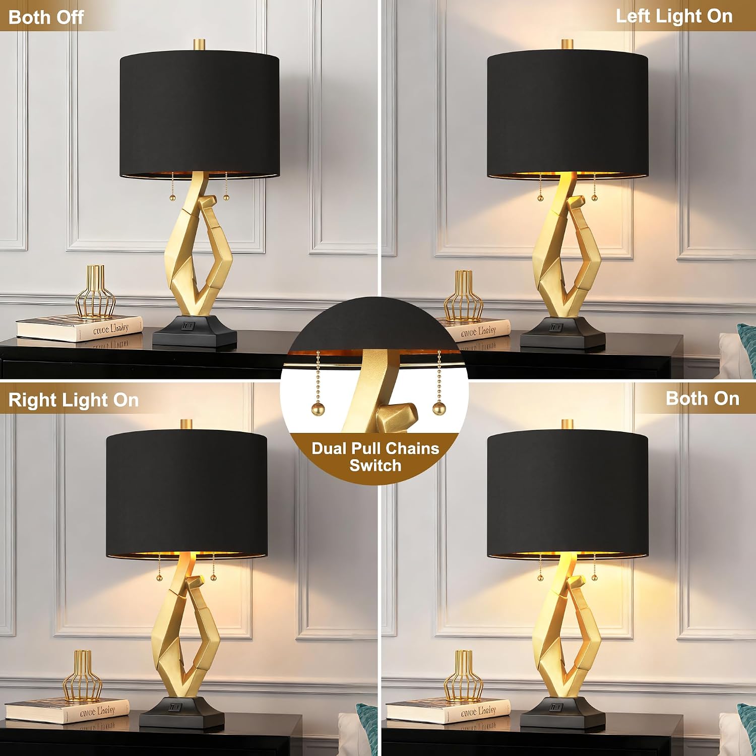 ROTTOGOON Sculptural Table Lamps for Living Room Set of 2 with USB Ports, 24.5' Modern Black and Gold Lamp with S Cluster Pull Chains Switch, End Table Lamps for Bedroom, Nightstand, Office