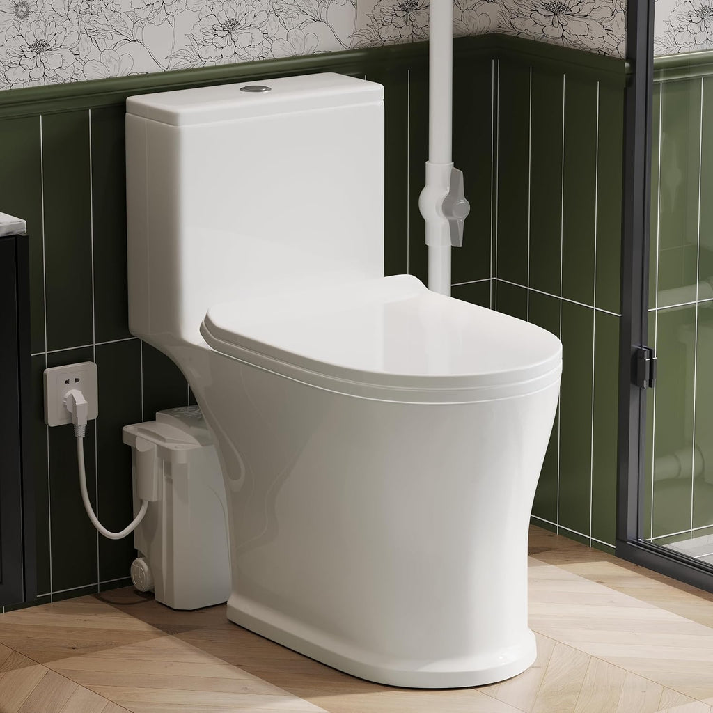 700W Upflush Toilet with Macerator Pump For Basement, One Piece Macerating Toilet for Bathroom, Powerful & Quiet Dual-Flush Elongated One-Piece Toilet, Glazed Surface, 30FT Up Pumping