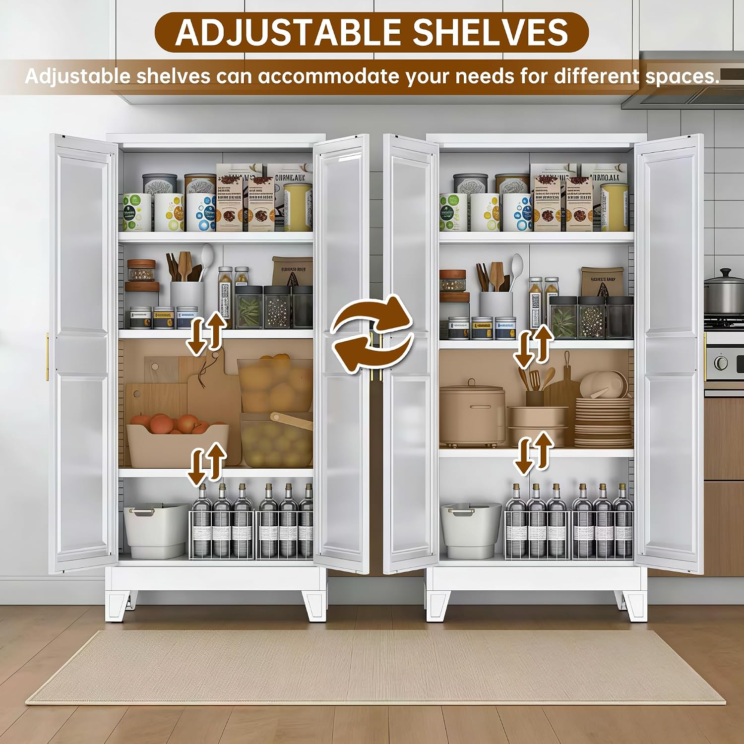 61.4' H Metal Pantry Cabinet with 3 Adjustable Shelves, Kitchen Pantry Cabinet with 2 Doors, Freestanding Food Cabinet for Kitchen, Home, Assembly Required, White