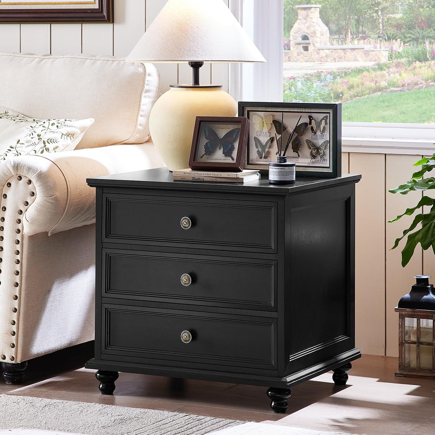 Joaxswe 24' Wide Farmhouse Night Stand Set of 2,Large End Table with 3 Drawers & Metal Handle,Wood Dresser for Bedroom Cabinet, Bed Side Table Chest of Drawers,Nightstand for Living Room,Closet,Black