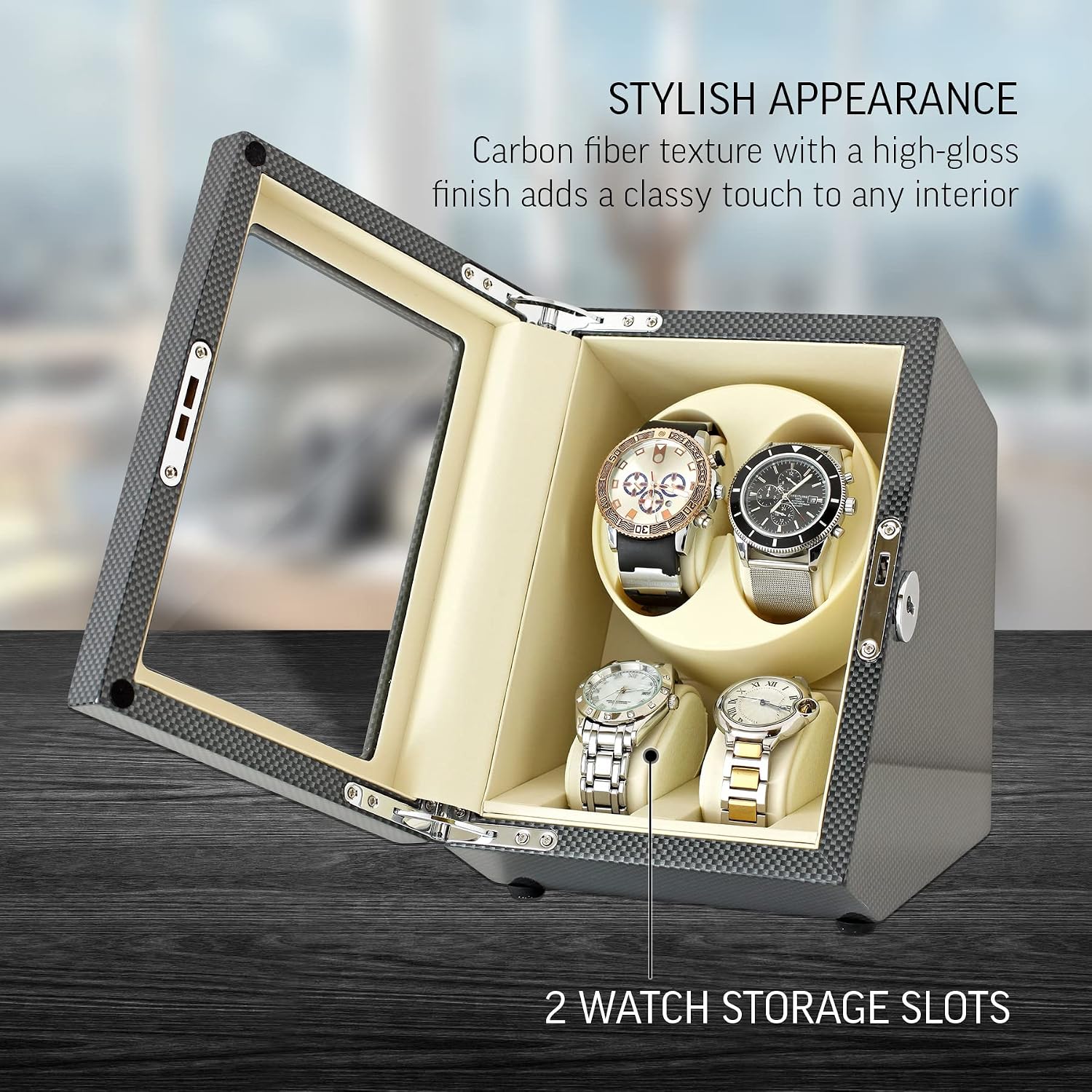 Watch Winder for 2 Watches with LED Backlight, LCD Display and Motor-Stop Option