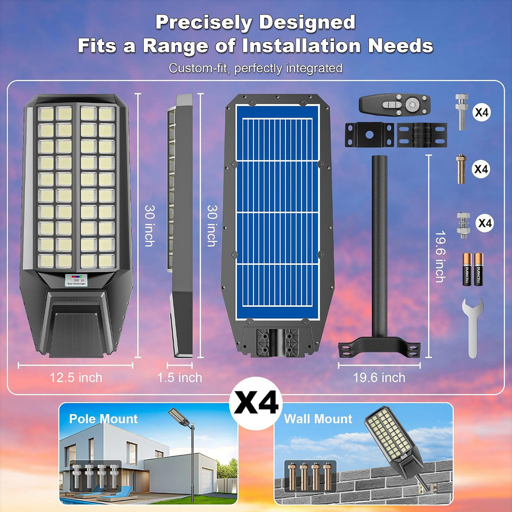 Solar Street Light 7000K 800000LM Auto On/Off Dusk to Dawn IP67 Waterproof Motion Sensor for Security & Outdoor Lighting (9000W-4Pack)