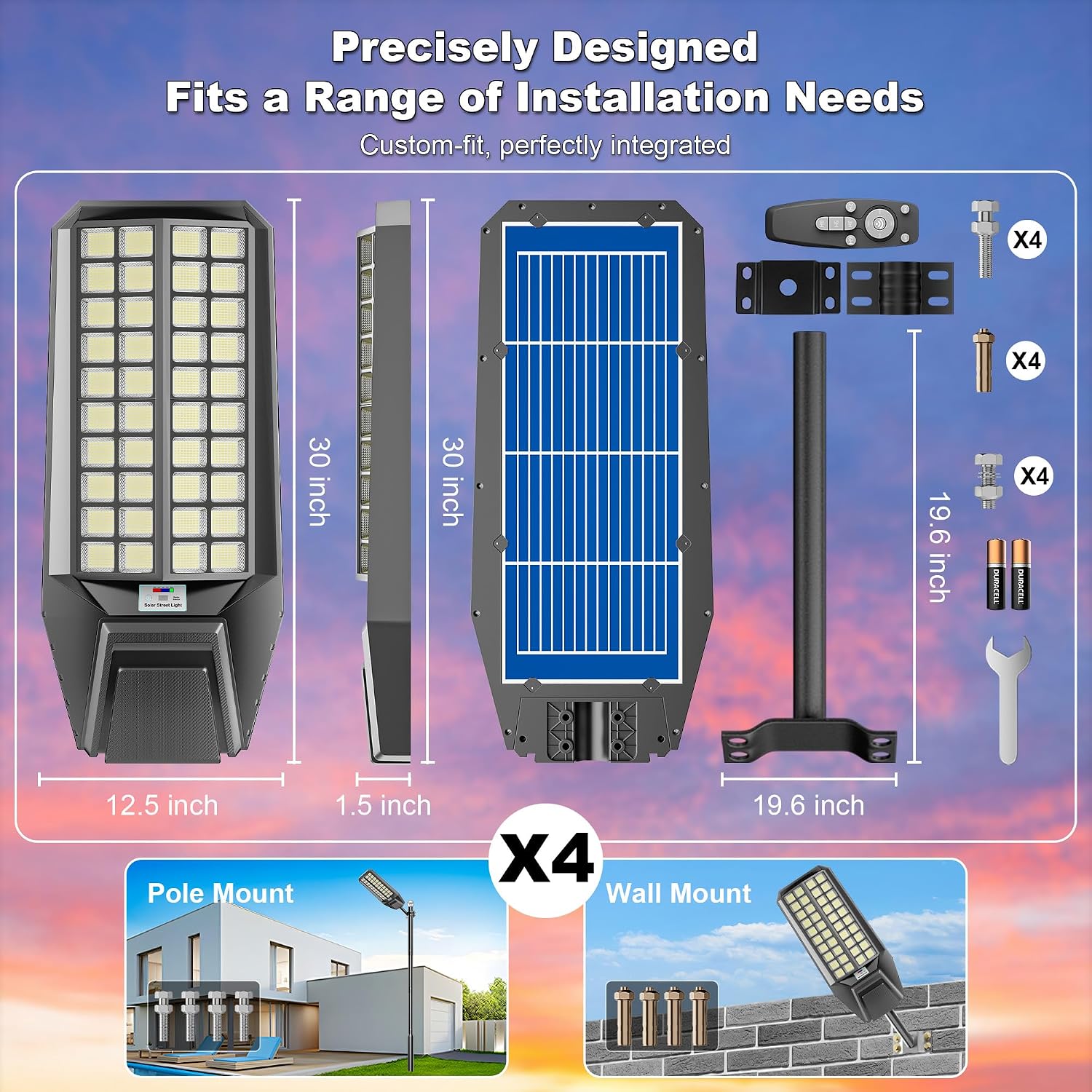Solar Street Light 7000K 800000LM Auto On/Off Dusk to Dawn IP67 Waterproof Motion Sensor for Security & Outdoor Lighting (9000W-4Pack)