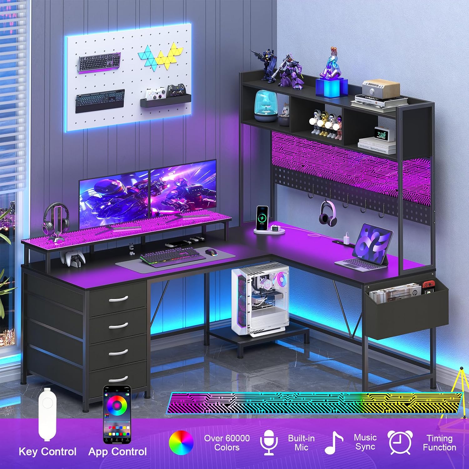 L Shaped Gaming Desk with Hutch, Reversible Computer Corner Desk with Drawers, Gaming Desk with LED Lights Panel, Power Outlets, Pegboard and Monitor Stand, Black