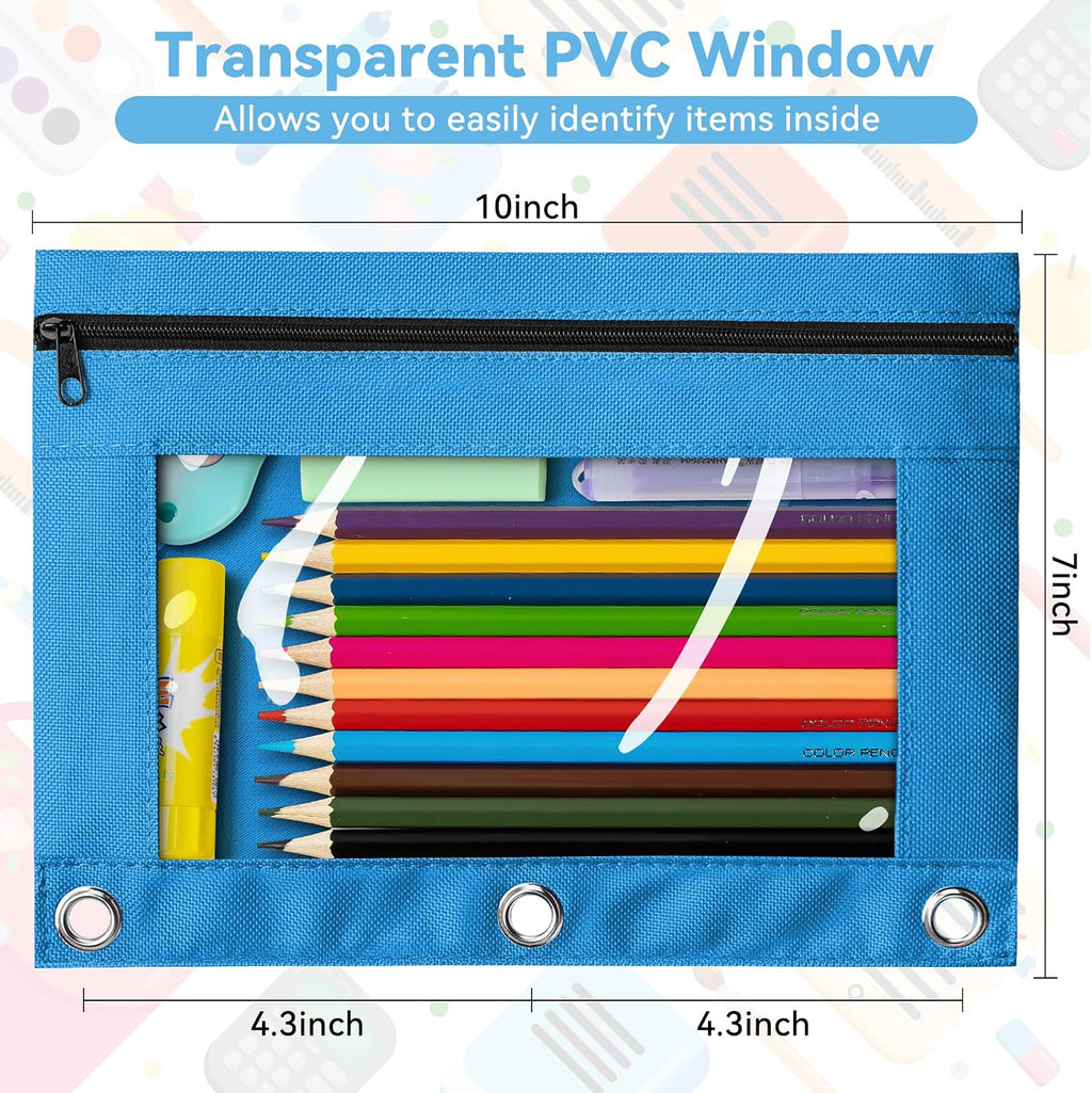 Pencil Pouch for 3 Ring Binder, Bulk 144 Pack 3-Holes Zipper Pencil Pouches in Assorted Colors, Sturdy and Durable Cloth Pencil Holder with Clear Window for Office School College Supplies