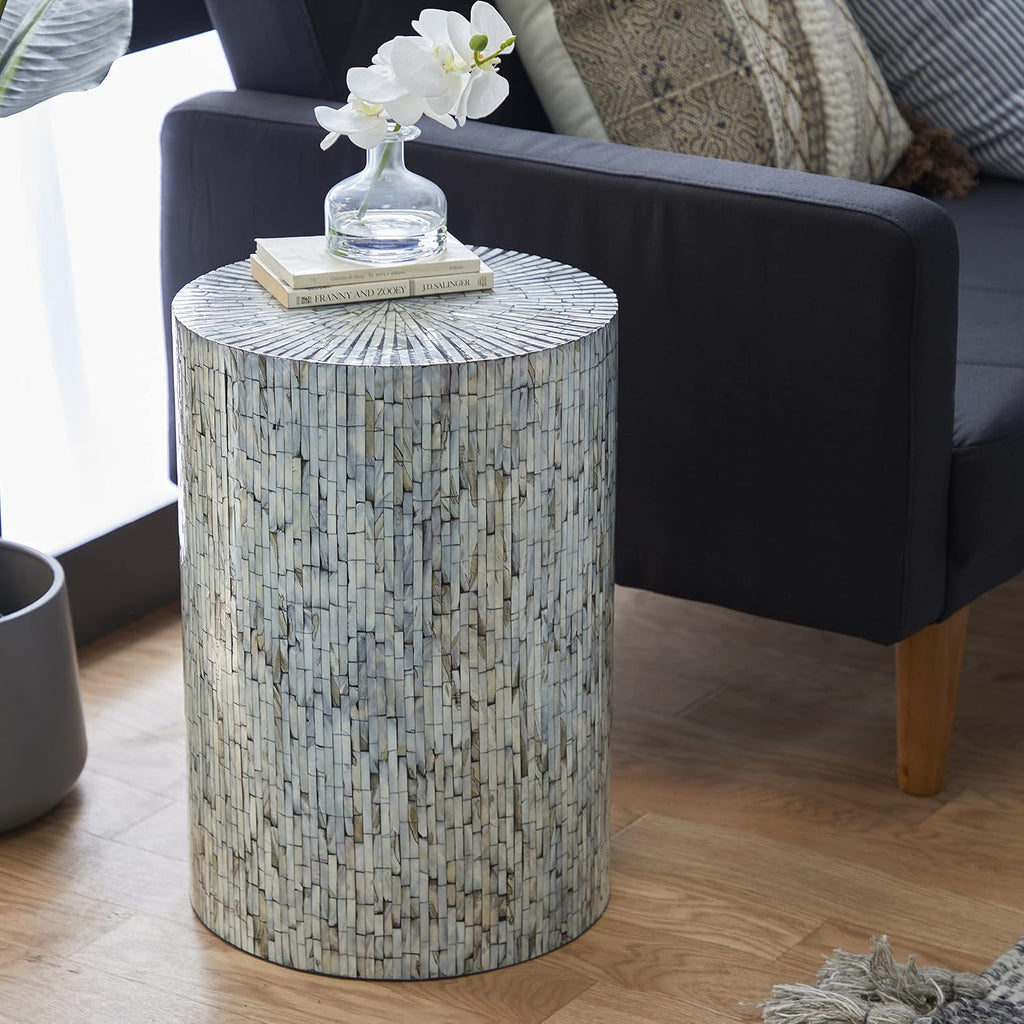 Deco 79 Mother of Pearl Shell Handmade Side End Accent Table Mosaic End Table, Side Table 14' x 14' x 20', Light Blue