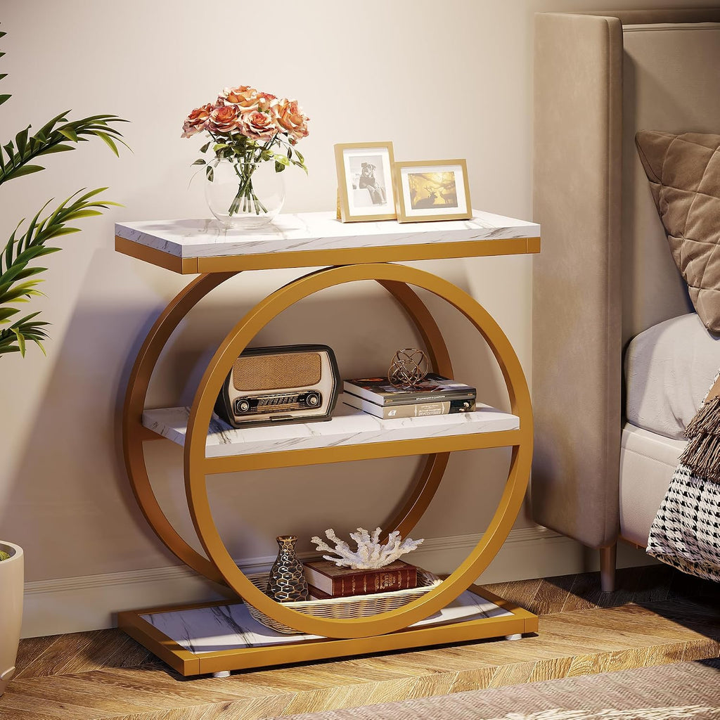 Tribesigns End Table with Storage Shelves Pack of 2, 3-Tier Wooden Industrial Sofa Side Table with Black Metal Frames for Living Room, Slim Nightstand and Bedside Table for Bedroom, White & Gold