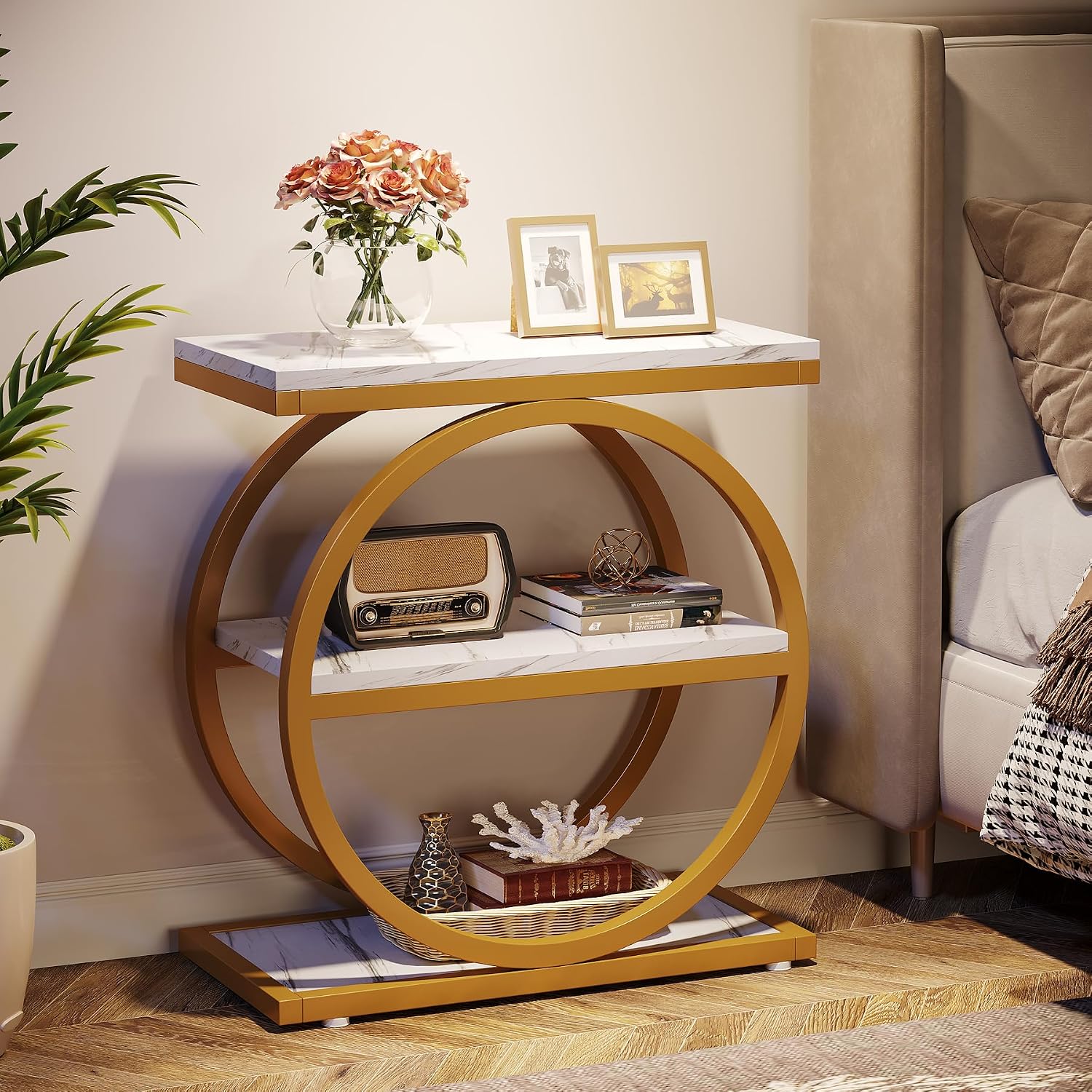 Tribesigns End Table with Storage Shelves Pack of 2, 3-Tier Wooden Industrial Sofa Side Table with Black Metal Frames for Living Room, Slim Nightstand and Bedside Table for Bedroom, White & Gold