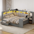 Merax Full Size Daybed Sofa Bed with Desk, 2 Drawers and Linen Upholstered Headboard and Backrest for Kids, Teens or Adults, Gray Wooden Corner Bed Platform Bed with Shelves, USB and Light