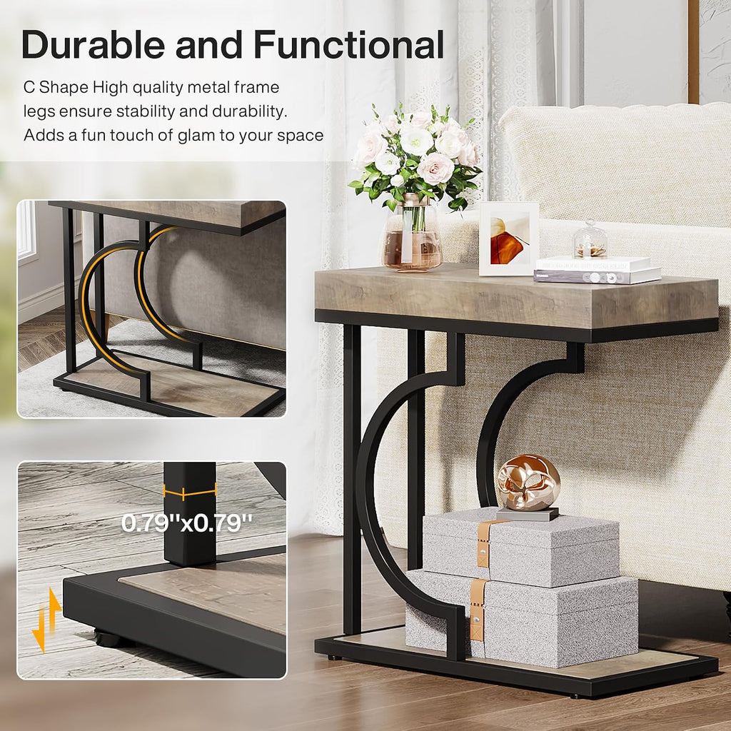 Tribesigns Narrow Side Table C Shaped End Table Modern Bedside Tables for Couch, Small Sofa Chairside Tables with Metal Frame for Living Room (2, Gray+Black)