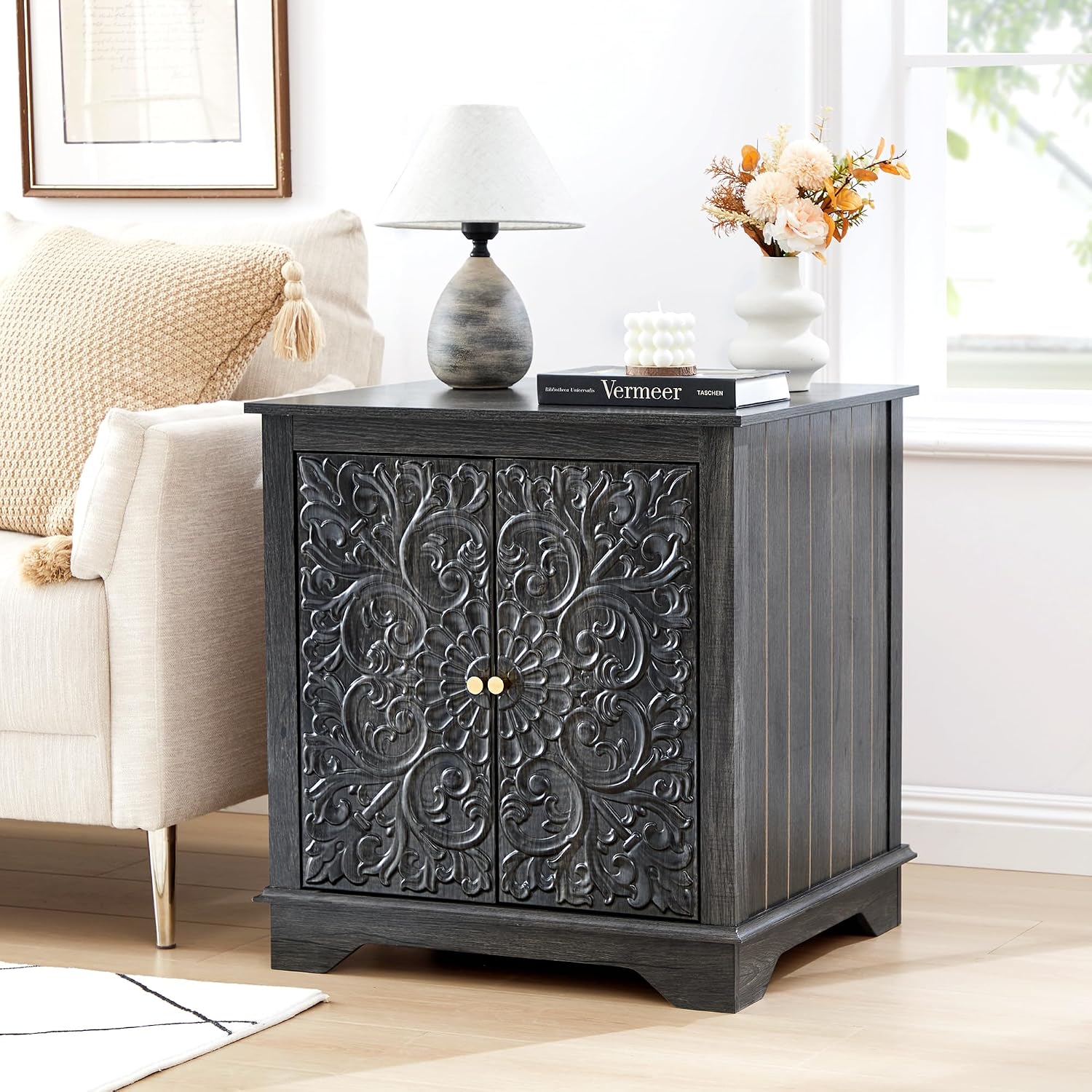 weselon End Table Set of 2, 24' Farmhouse Nightstand with Carved Floral Door & Adjustable Shelf, Square Wooden Sofa Side Table with Storage for Living Room Bedroom (Antique Black-Brown)