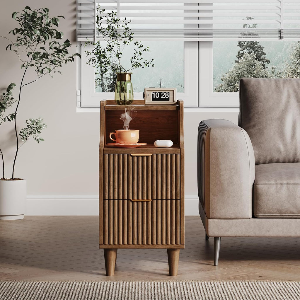 Narrow Nightstand Set of 2,11.8' Fluted Bedside Table Set of 2, Slim Side End Table with 2 Drawers, Wooden Bedside Table, Mid Century Modern Night Stand for Bedroom Livingroom Sofa Office
