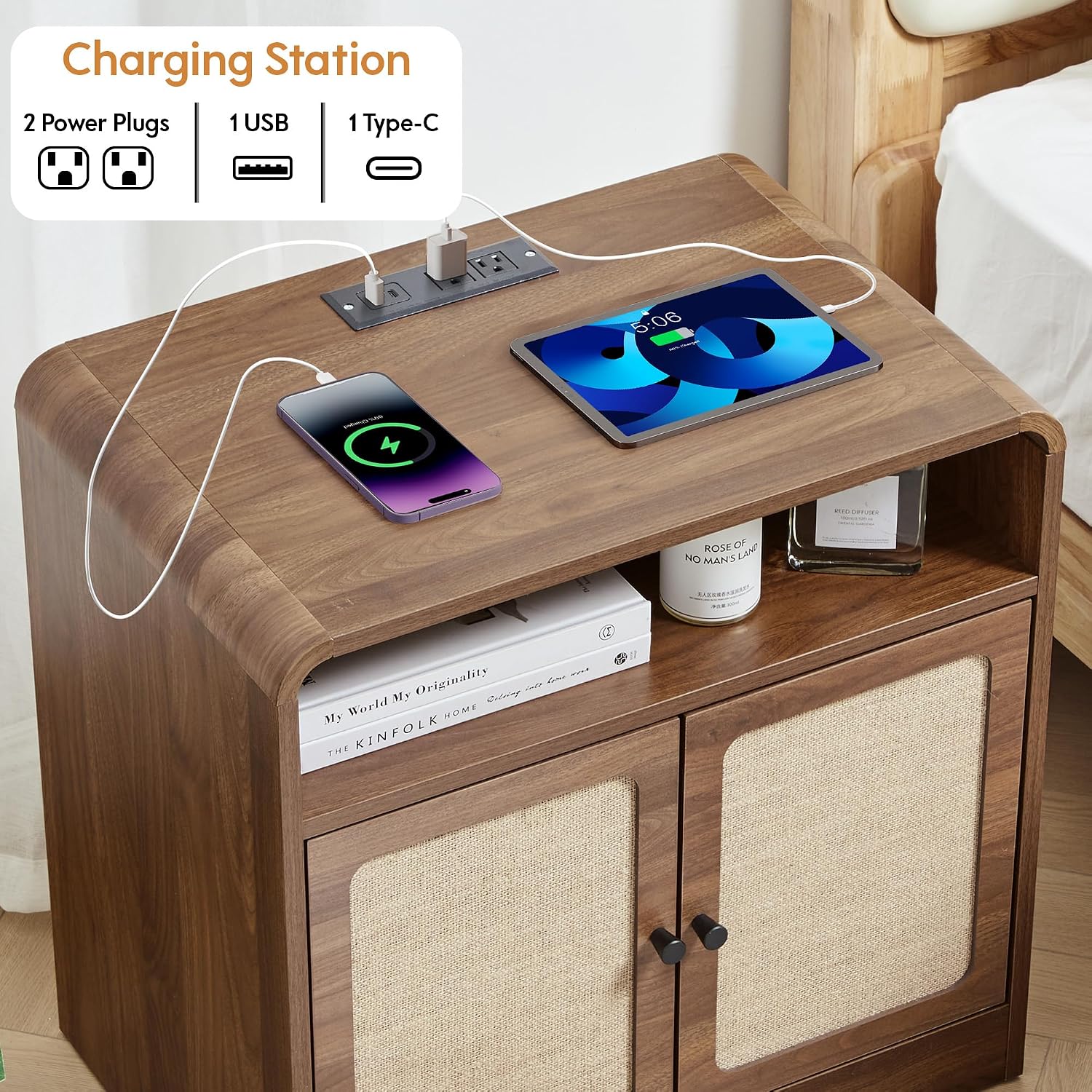 24' Nightstand Set of 2, Large End Table with Door & Charging Station AC + USB + Tpye-C, Mid-Century Farmhouse Linen Decor Night Stand Side Table for Living Room Sofa Couch Side, Bedroom Bedside