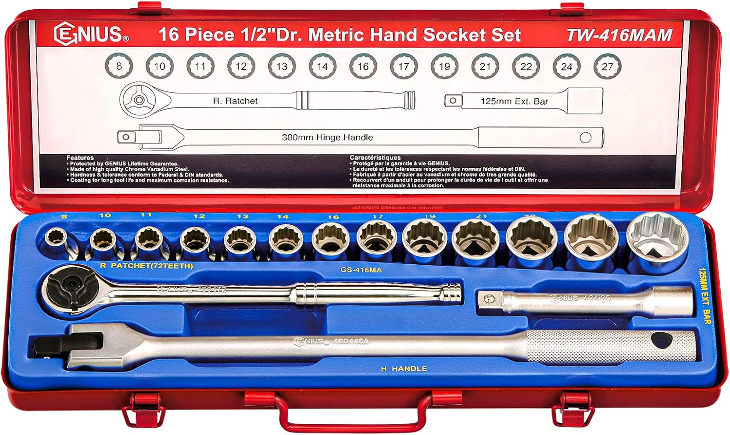 Genius Tools 16 Piece 1/2' Dr. Metric Hand Socket Set (12-Point) TW-416MAM