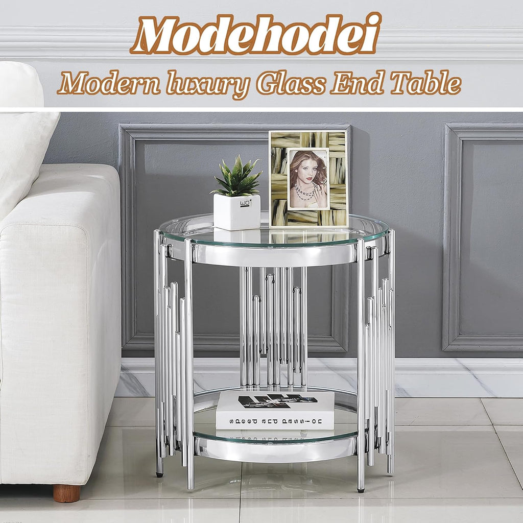 20' Round Glass End Table, 2-Tier Silver Side Table with Stainless Steel Legs and Clear Tempered Glass, Modern Luxury End Table for Living Room Home Office