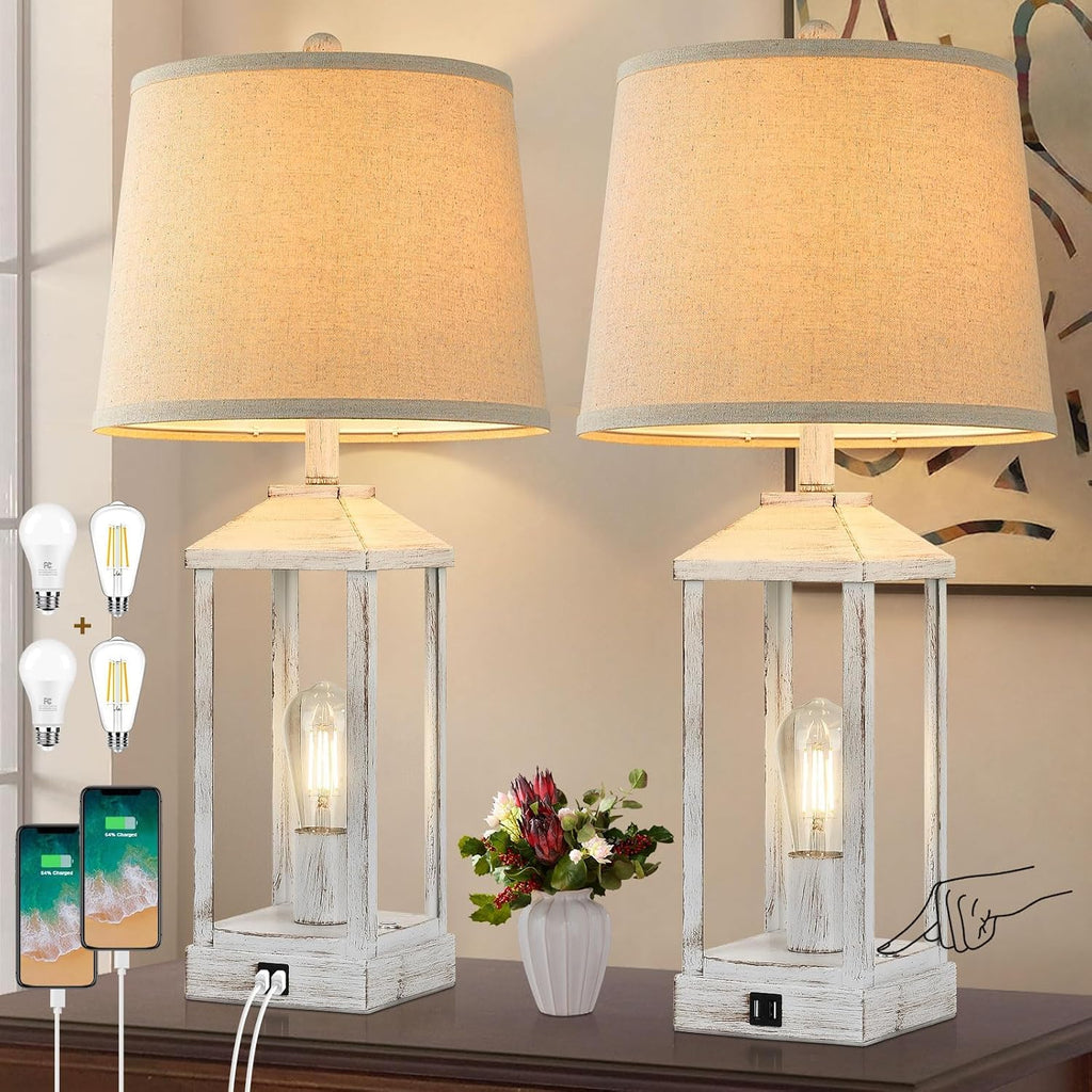 28' Farmhouse Table Lamps for Living Room Set of 2, 3-Way Dimmable Bedside Lamp with USB Ports, White Rustic Touch Control Nightstand Lamps for Bedroom, Modern Desk Lamp for Office, 4 Bulbs Included