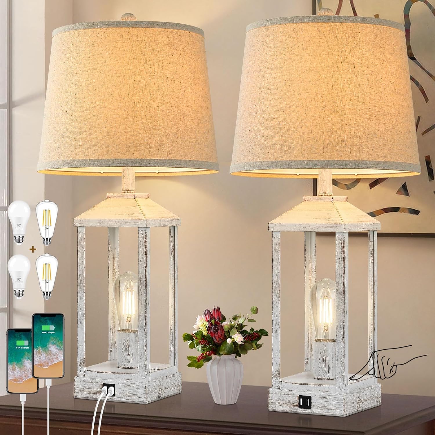 28' Farmhouse Table Lamps for Living Room Set of 2, 3-Way Dimmable Bedside Lamp with USB Ports, White Rustic Touch Control Nightstand Lamps for Bedroom, Modern Desk Lamp for Office, 4 Bulbs Included