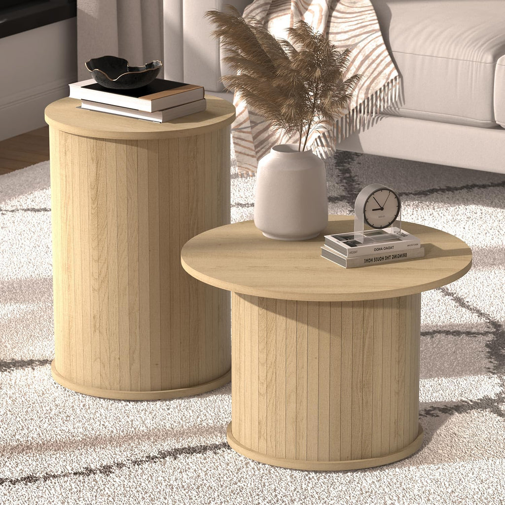 Set of 2 Round Wood Coffee Table Set for Living Room, Fluted Circle Nesting Coffee Tables for Apartment, Small Spaces, Bedroom, Modern Style, Easy Assembly & Maintenance, Oslo Oak