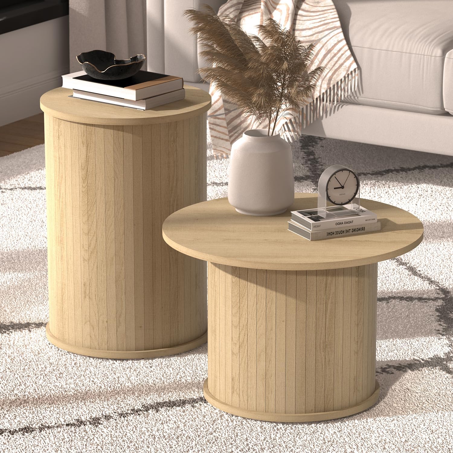 Set of 2 Round Wood Coffee Table Set for Living Room, Fluted Circle Nesting Coffee Tables for Apartment, Small Spaces, Bedroom, Modern Style, Easy Assembly & Maintenance, Oslo Oak