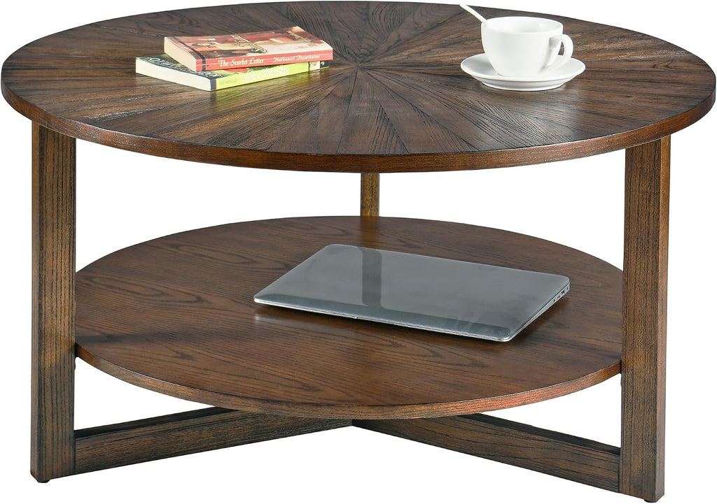 33.5' Round Coffee Table with Storage Shelf, Solid Wood Living Room Table with Umbrella Shaped Top, Farmhouse Center Cocktail Table for Office, Easy Assembly, Vintage Brown KFZ3338NC