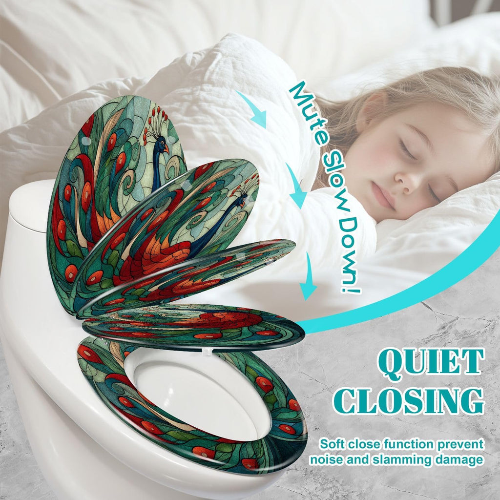 Elongated Toilet Seat Sleek Stained Glass Geometric Tail Green Blue Resin Toilet Seat Slow Quiet Close Lid with Quick-Release Hinges Cover Bumpers Easy to Clean Install