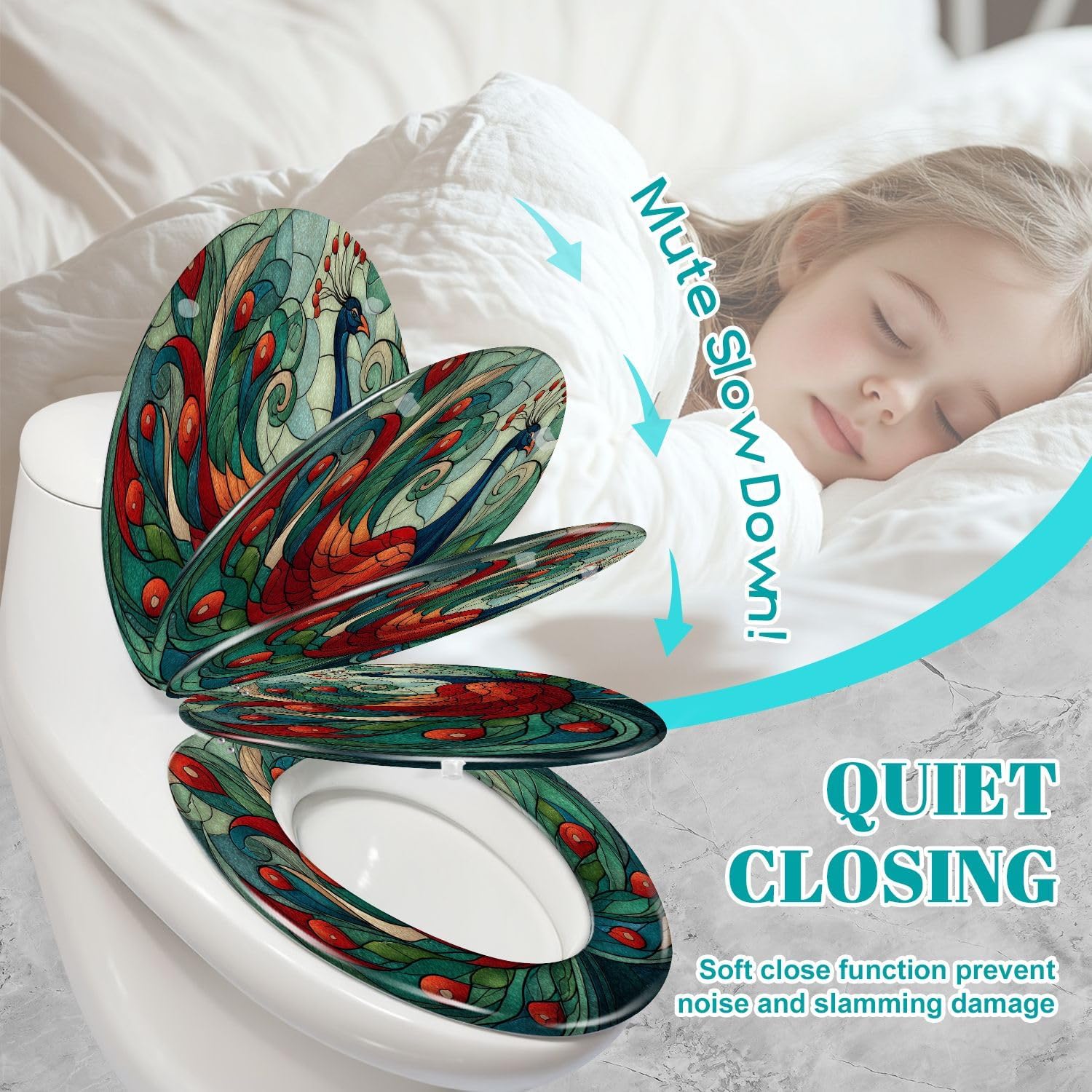 Elongated Toilet Seat Sleek Stained Glass Geometric Tail Green Blue Resin Toilet Seat Slow Quiet Close Lid with Quick-Release Hinges Cover Bumpers Easy to Clean Install