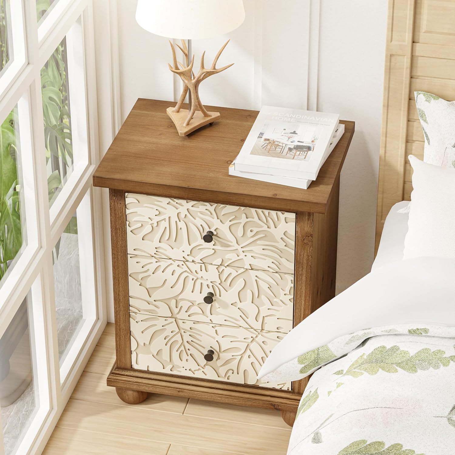COZAYH Farmhouse 3-Drawer Nightstand with Leaves Pattern Carved, Set of 2 Vintage French Country End Table for Bedroom, Living Room, Distressed Finish, White & Brown