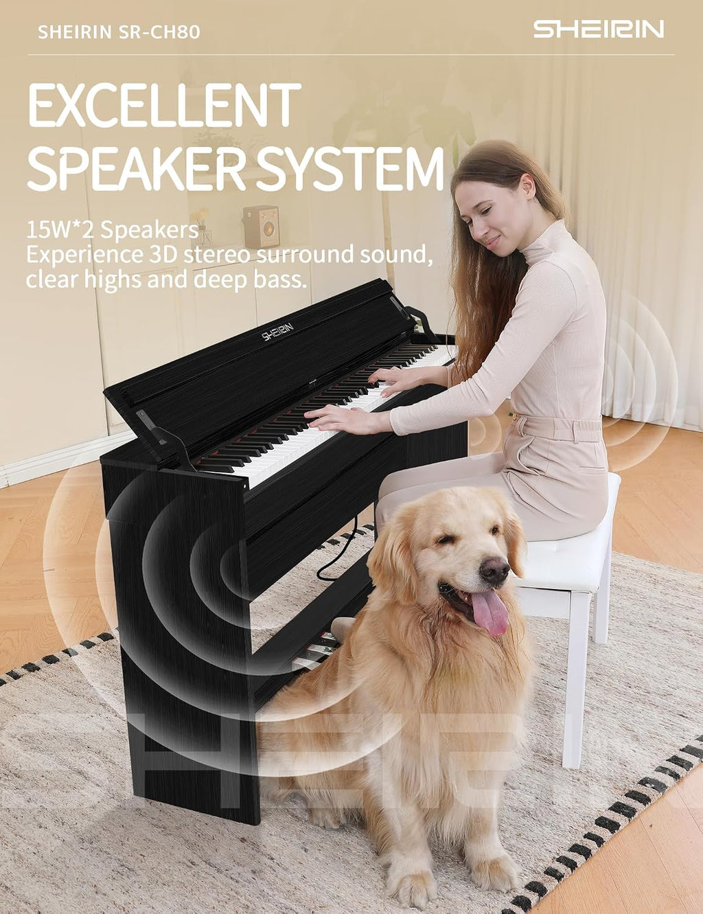 Digital Piano 88 Key Weighted Stand Cover Hammer Action Upright Acoustic Electric Keyboard Pedal Full Size Home Musical Beginners Adults Instrument Self Playing MIDI SR-CH80(black)
