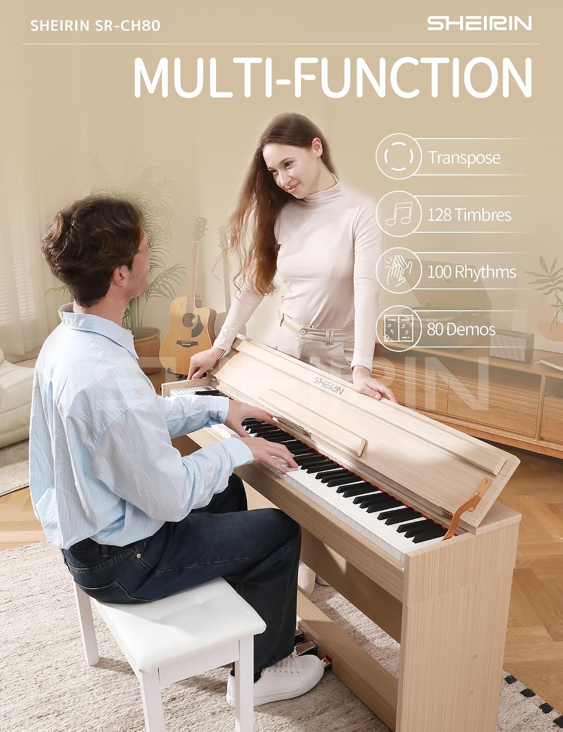 Digital Piano 88 Key Weighted,Fully Weighted Hammer Action Electric Keyboard with Stand Cover Pedal,Headphone Jack for Beginners Adults Home Practice,SR-CH80(Beige)