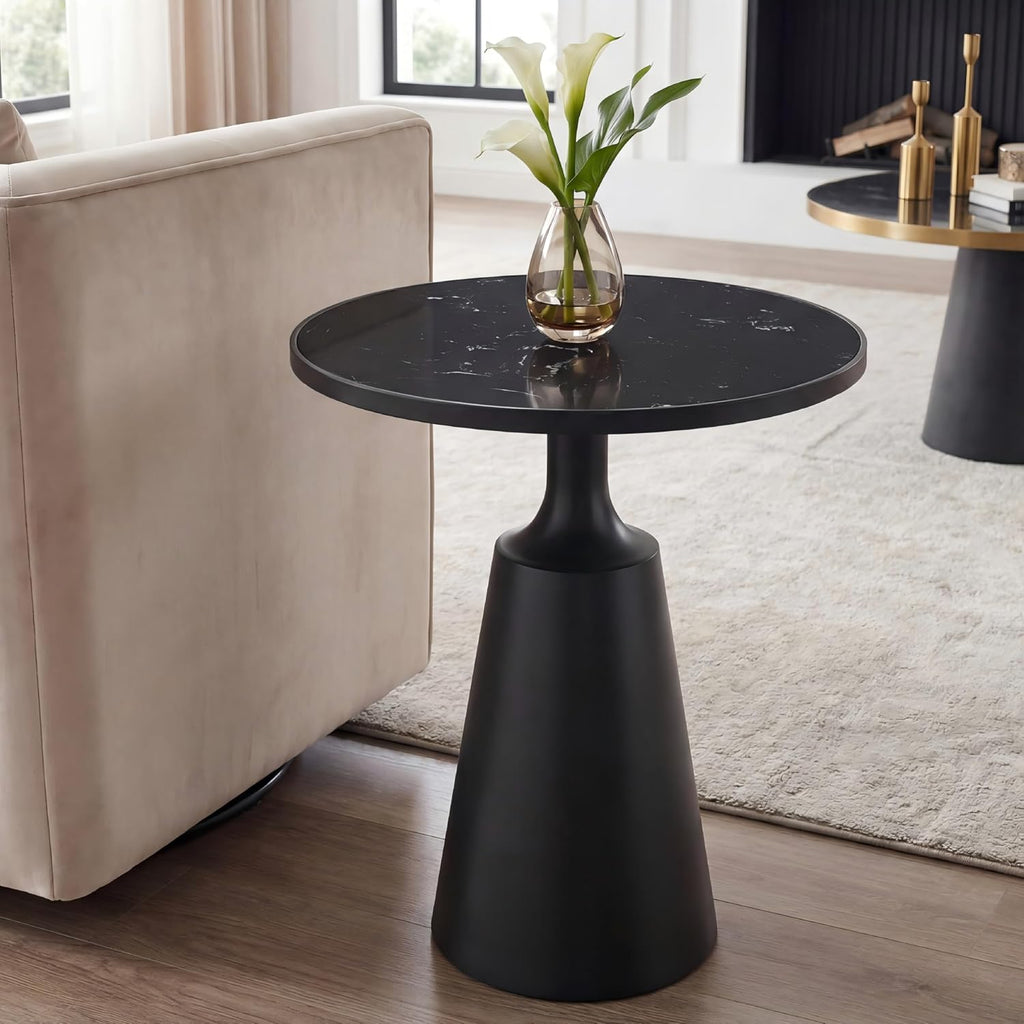 Merax Modern Iron Side Table with Marble Pattern Top (20' Diameter) – 24.25' H Accent Table with Conical Base – Minimalist Round End Table for Living Room & Bedroom & Office, Assembly-Free, Black
